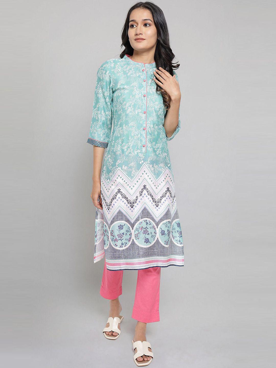 aurelia women turquoise blue ethnic motifs printed kurta