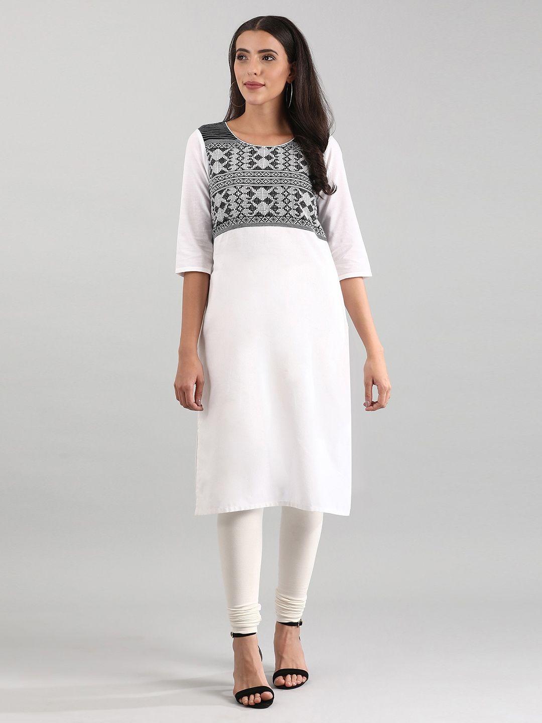 aurelia women white & black geometric embroidered thread work kurta