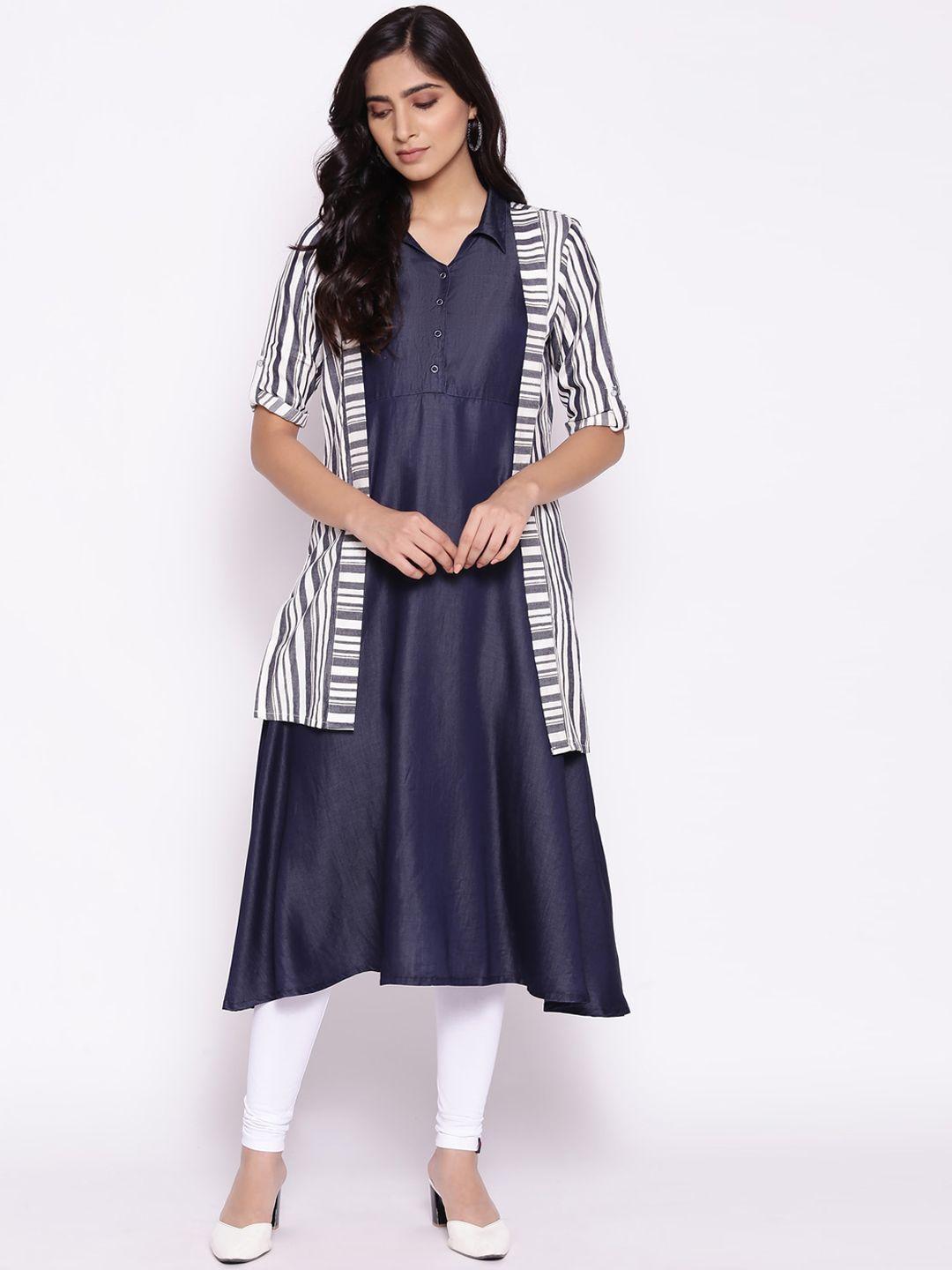 aurelia women white & blue kurta & shrug