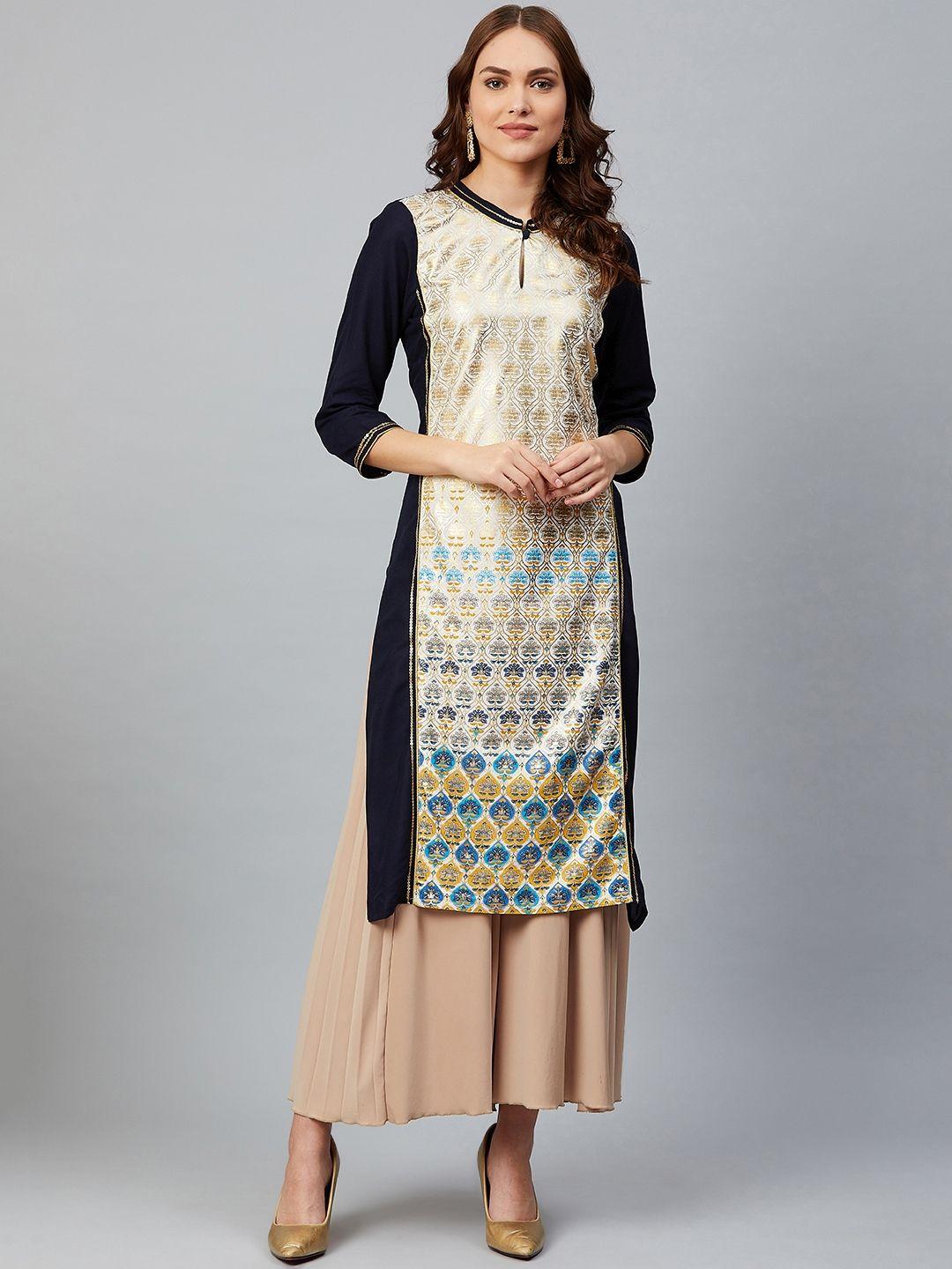 aurelia women white & navy blue printed straight kurta