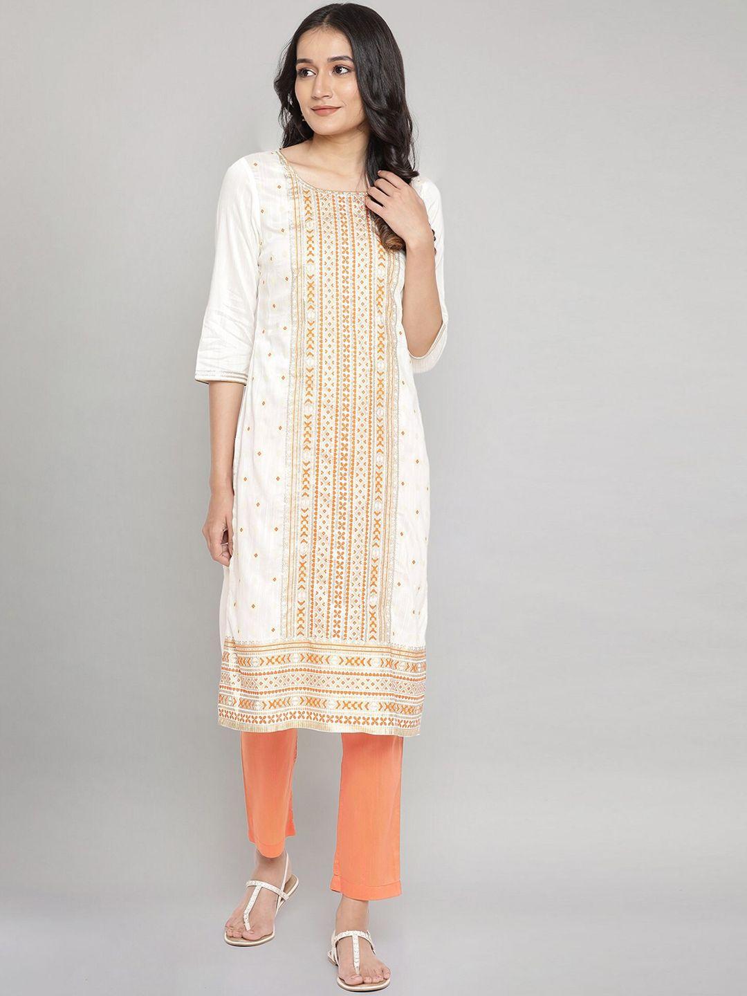 aurelia women white & orange geometric foil printed straight kurta