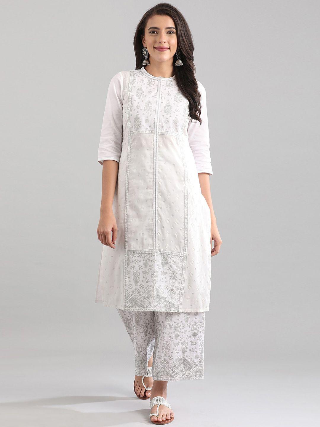 aurelia women white floral embroidered sequined cotton kurta