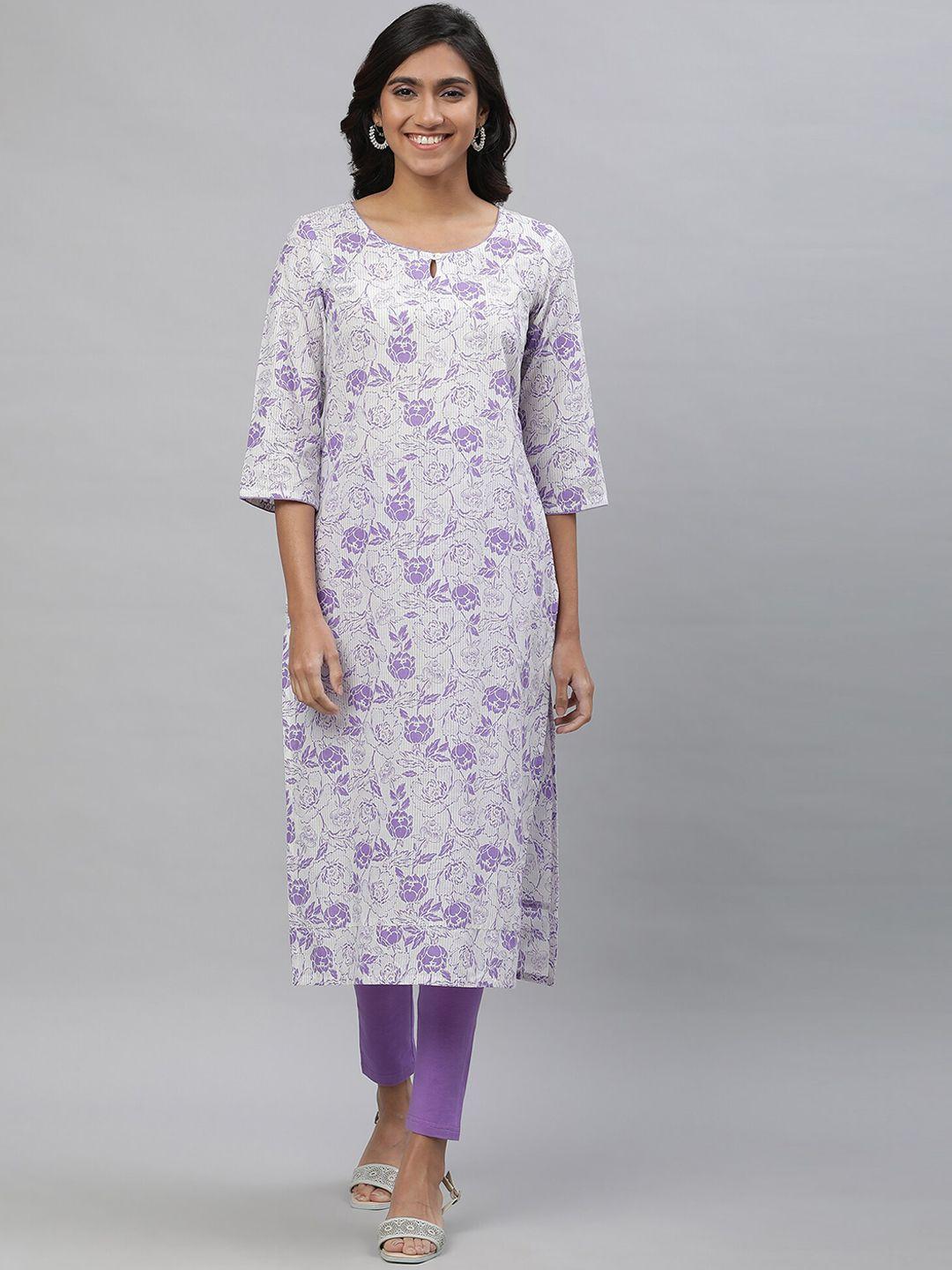 aurelia women white floral printed keyhole neck pure cotton kurta