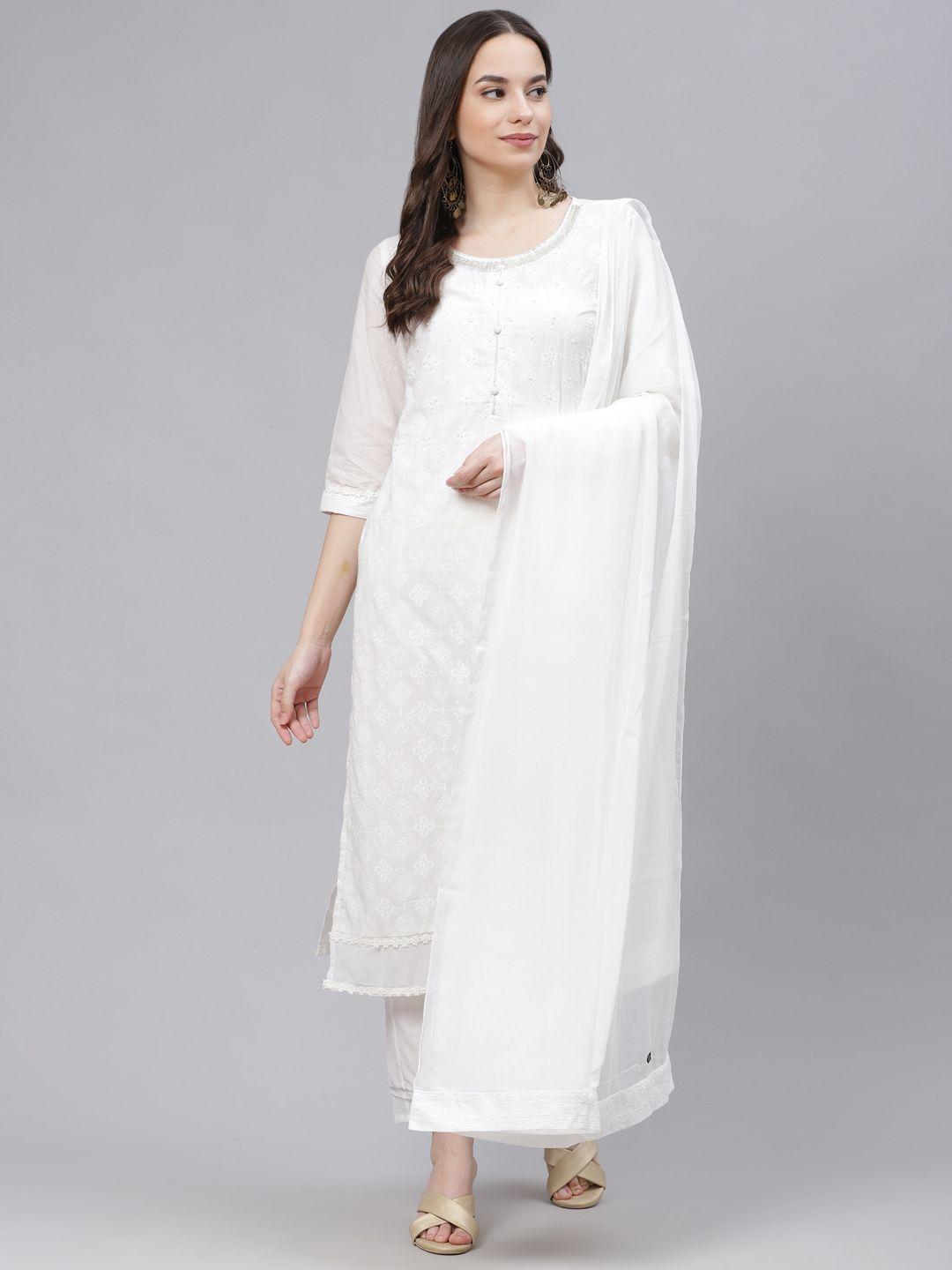 aurelia women white motifs print beads cotton straight kurta with trousers & dupatta