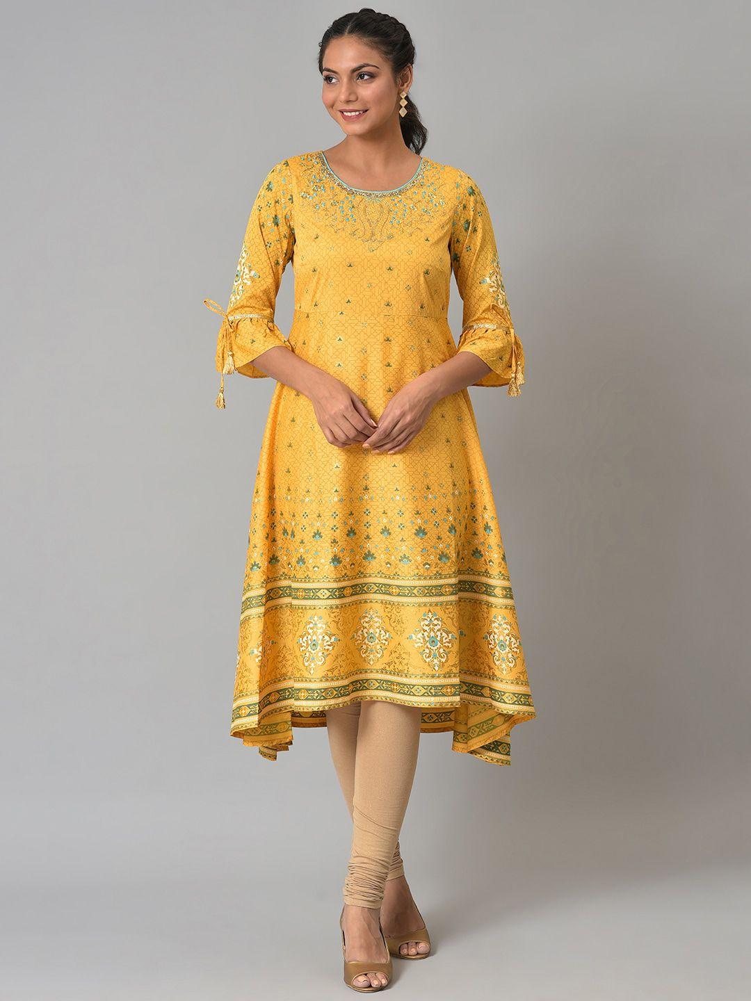 aurelia women yellow & blue ethnic motifs printed anarkali kurta