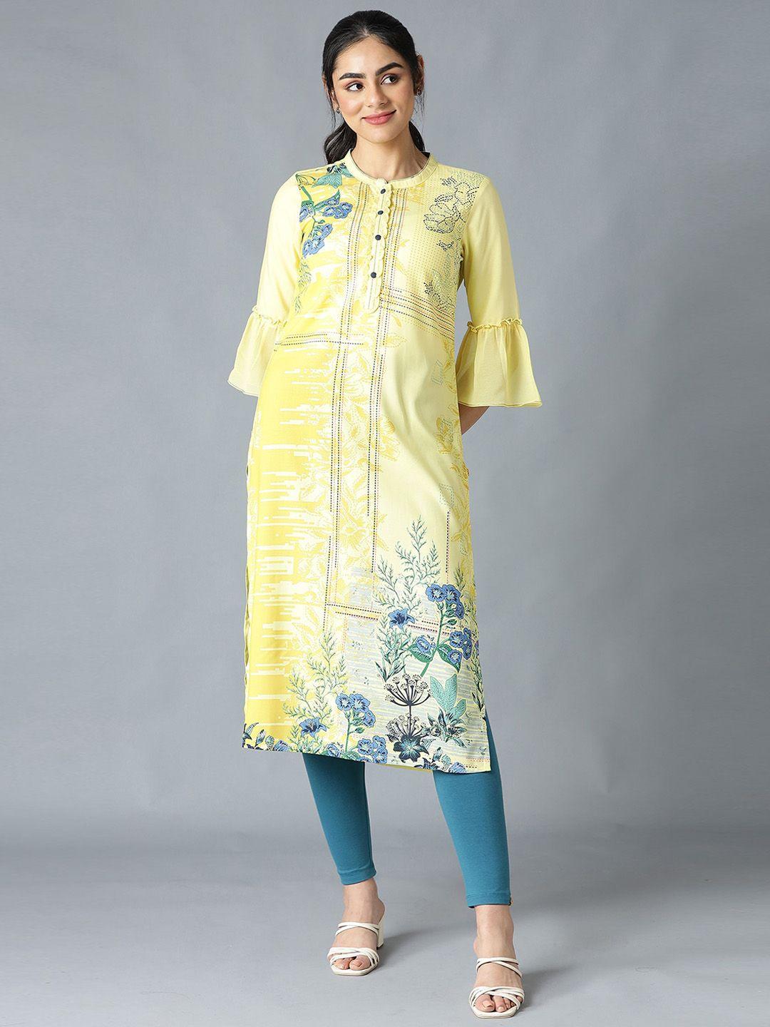 aurelia women yellow & blue floral printed bell sleeves floral kurta