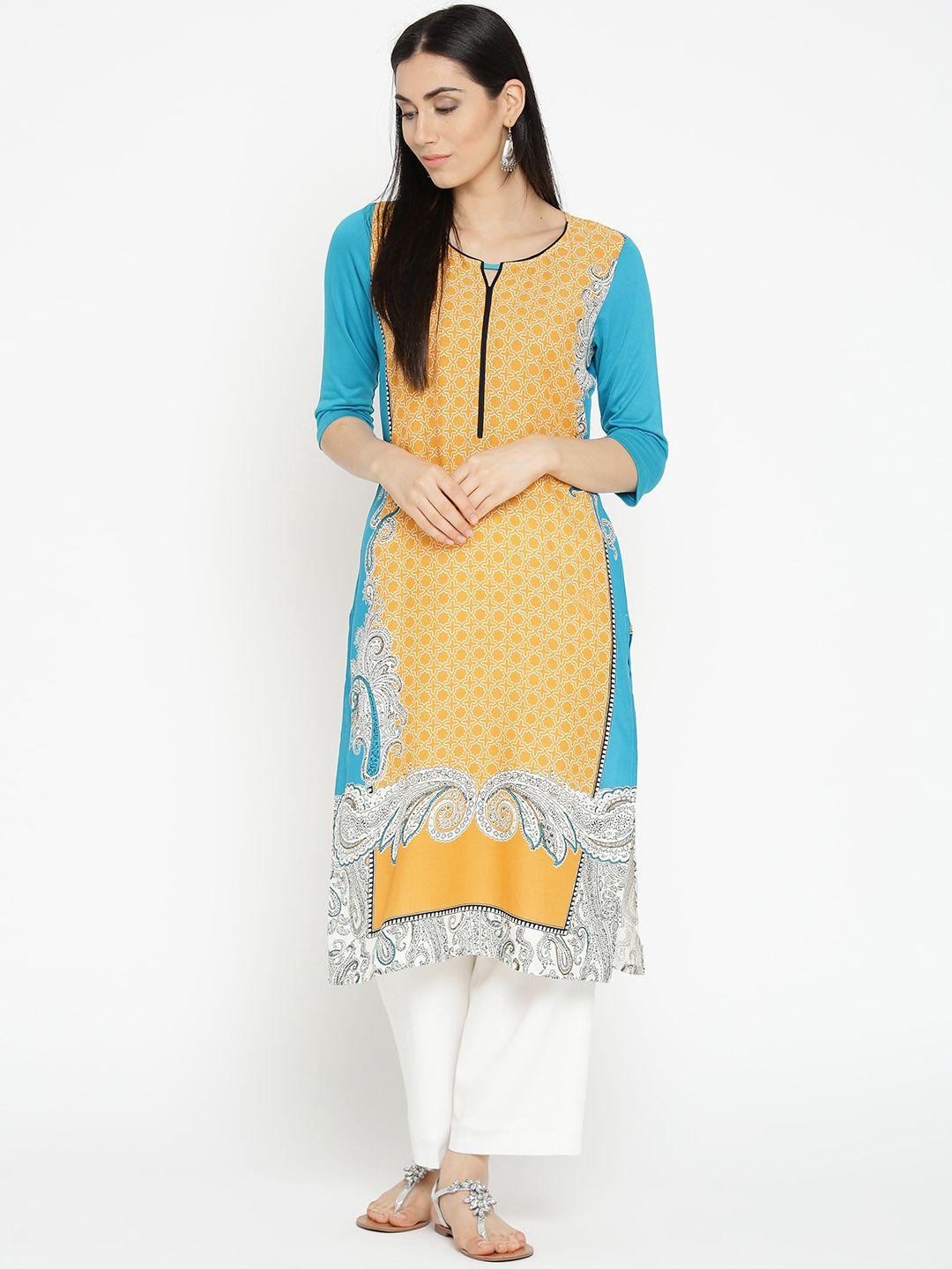 aurelia women yellow & blue printed straight kurta