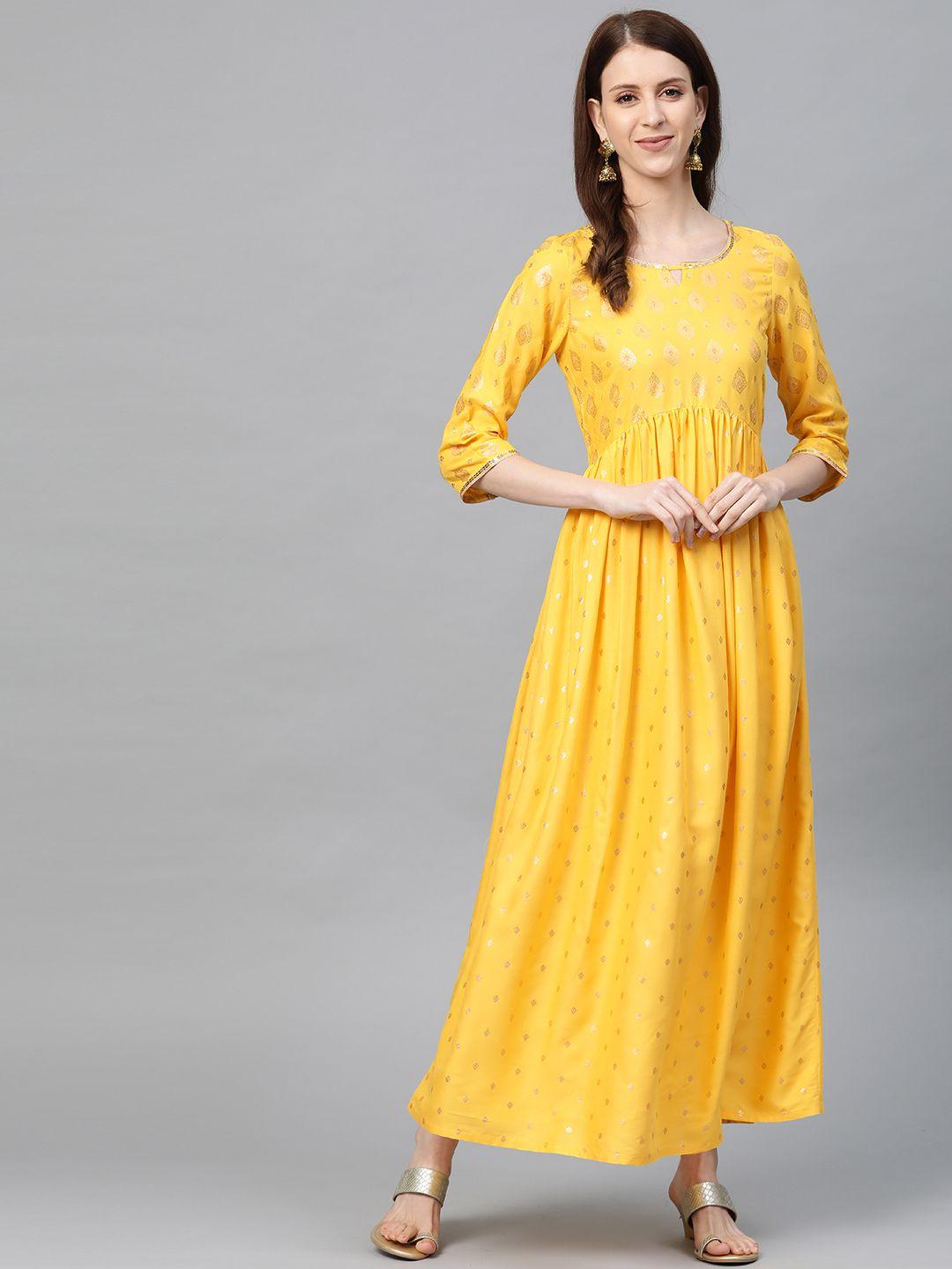 aurelia women yellow & golden printed maxi dress