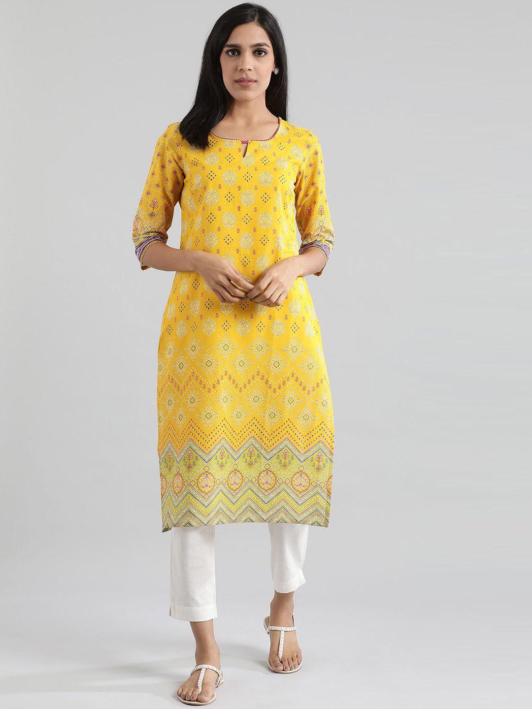 aurelia women yellow & green ethnic motifs printed keyhole neck kurta