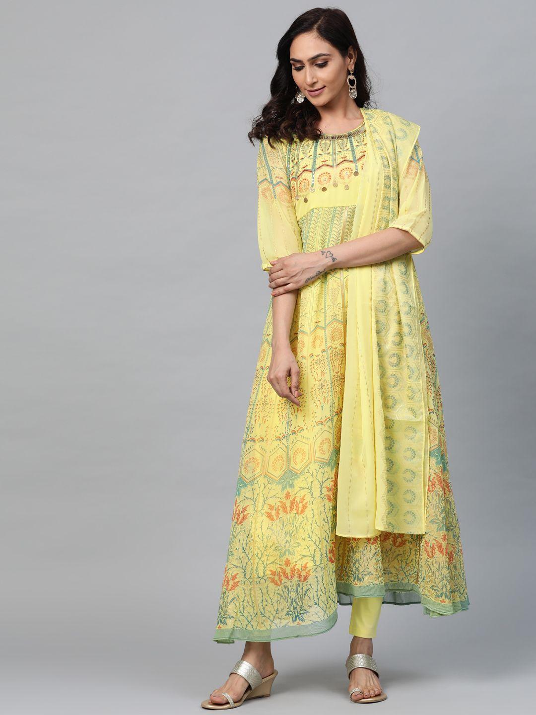 aurelia women yellow & green printed kurta with churidar & dupatta