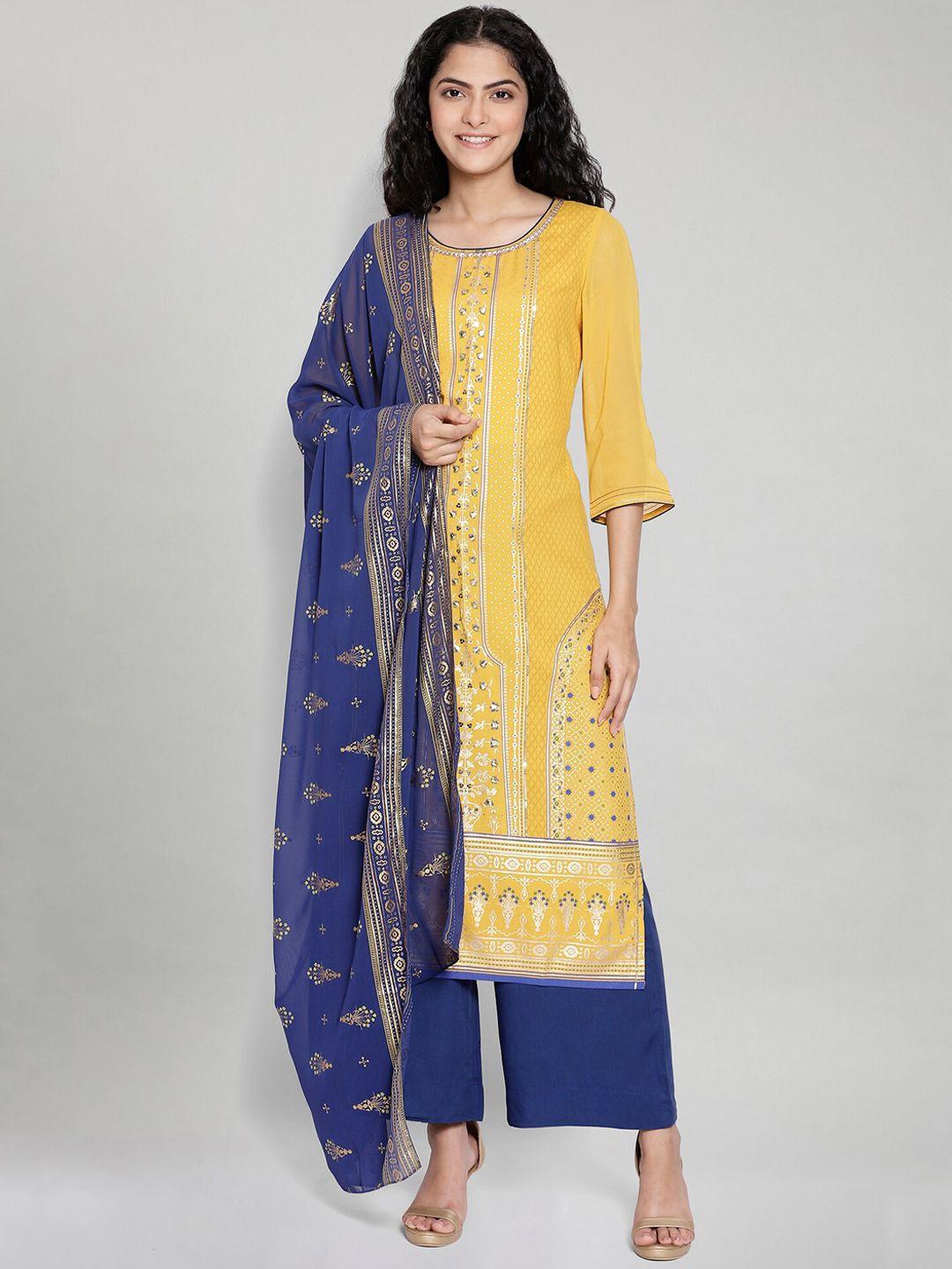 aurelia women yellow & navy blue ethnic motifs printed kurta with trousers & with dupatta
