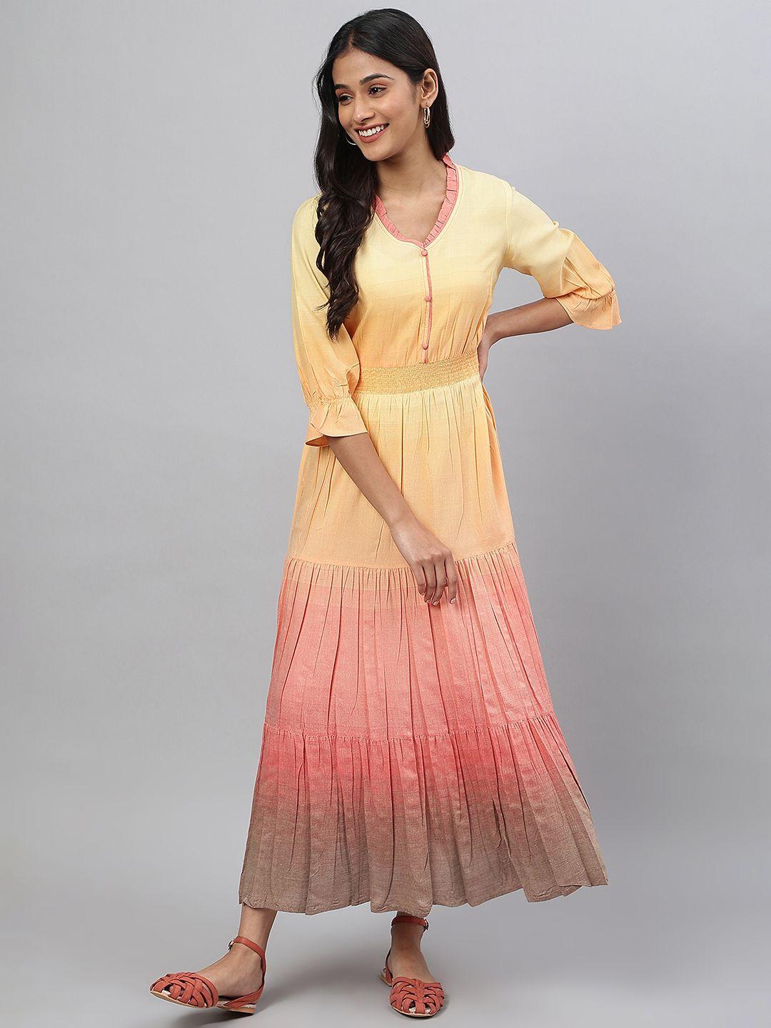 aurelia women yellow & pink solid round neck maxi dress