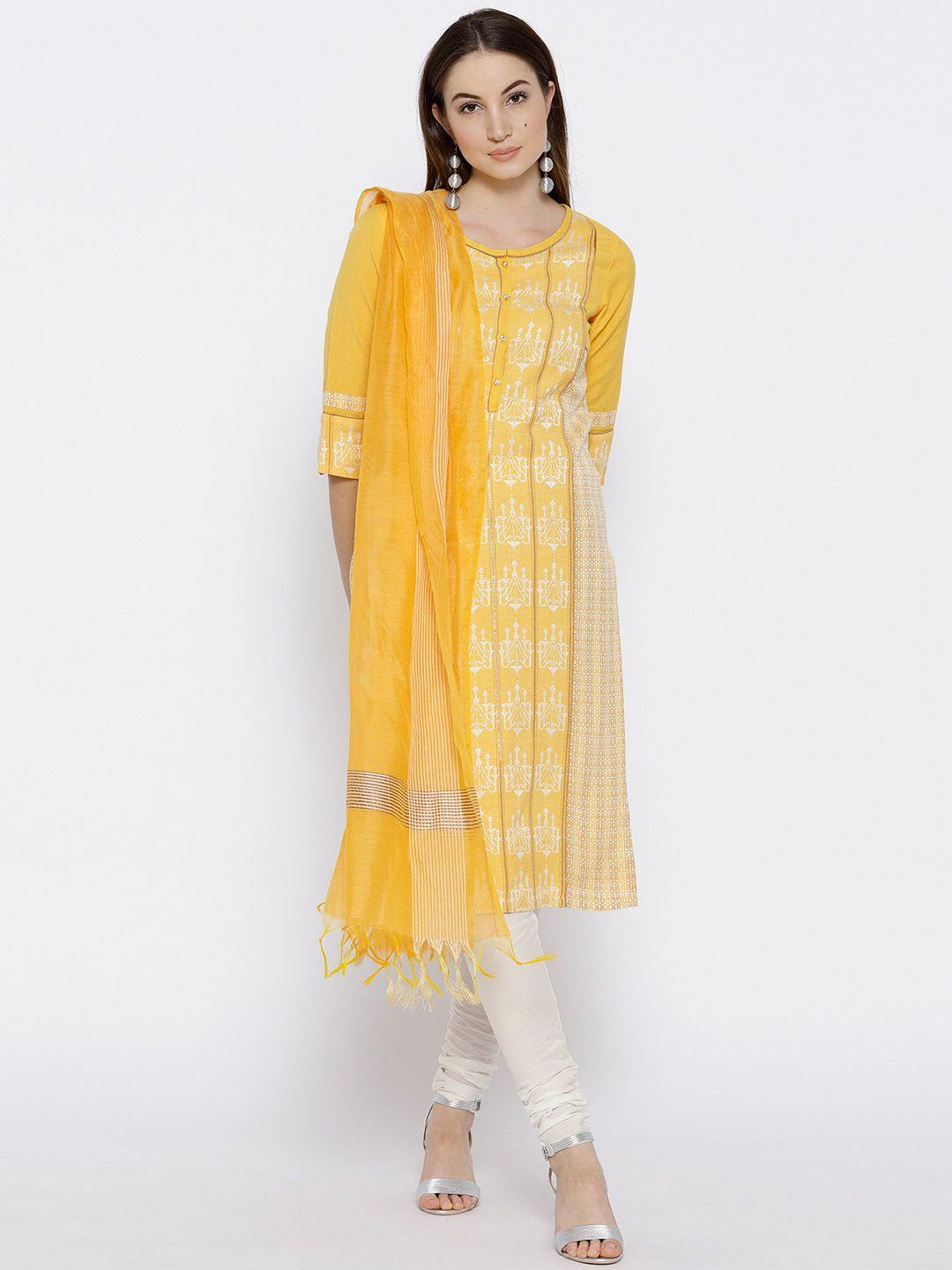 aurelia women yellow & white self-design kurta with churidar & dupatta