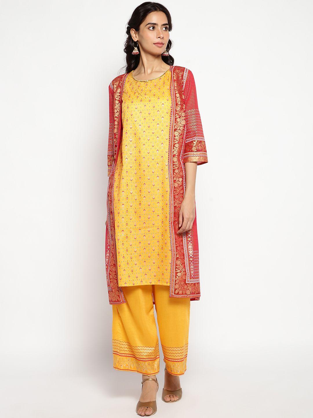 aurelia women yellow ethnic motifs printed kurta with palazzos