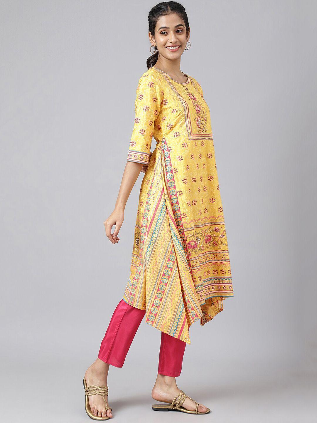 aurelia women yellow ethnic motifs printed kurta with trousers