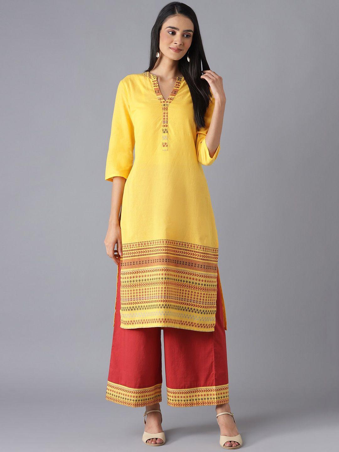 aurelia women yellow ethnic motifs printed pure cotton kurta with palazzos