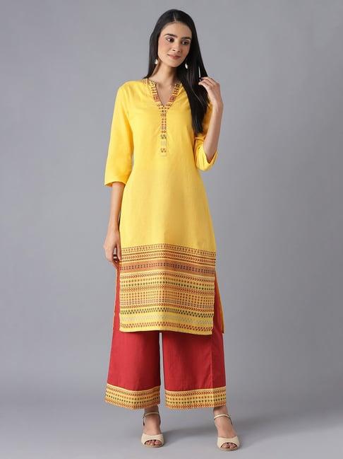 aurelia women yellow geometric print cotton kurta set with palazzos