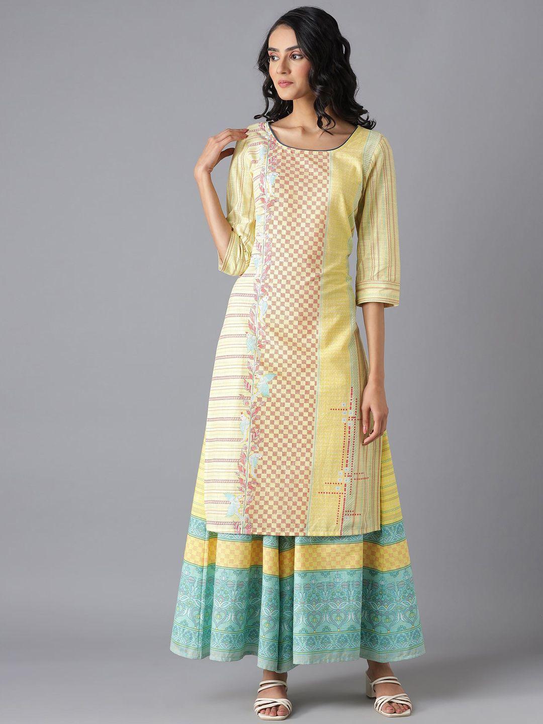 aurelia women yellow geometric printed thread work kurta