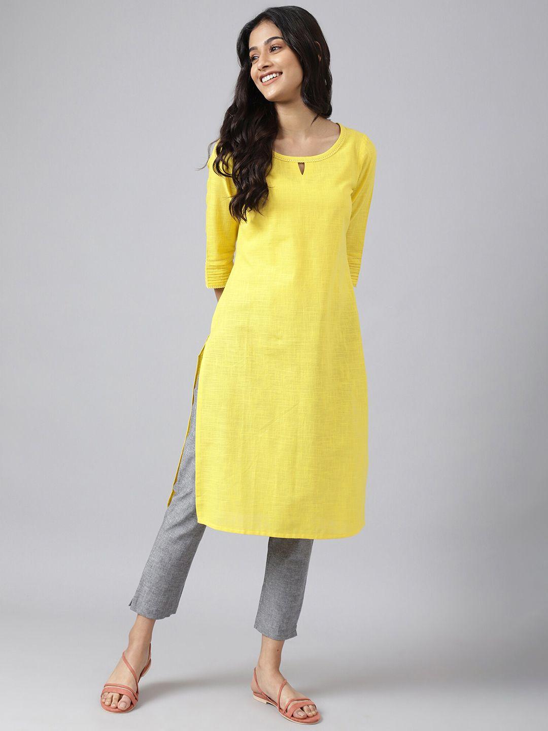 aurelia women yellow keyhole neck kurta