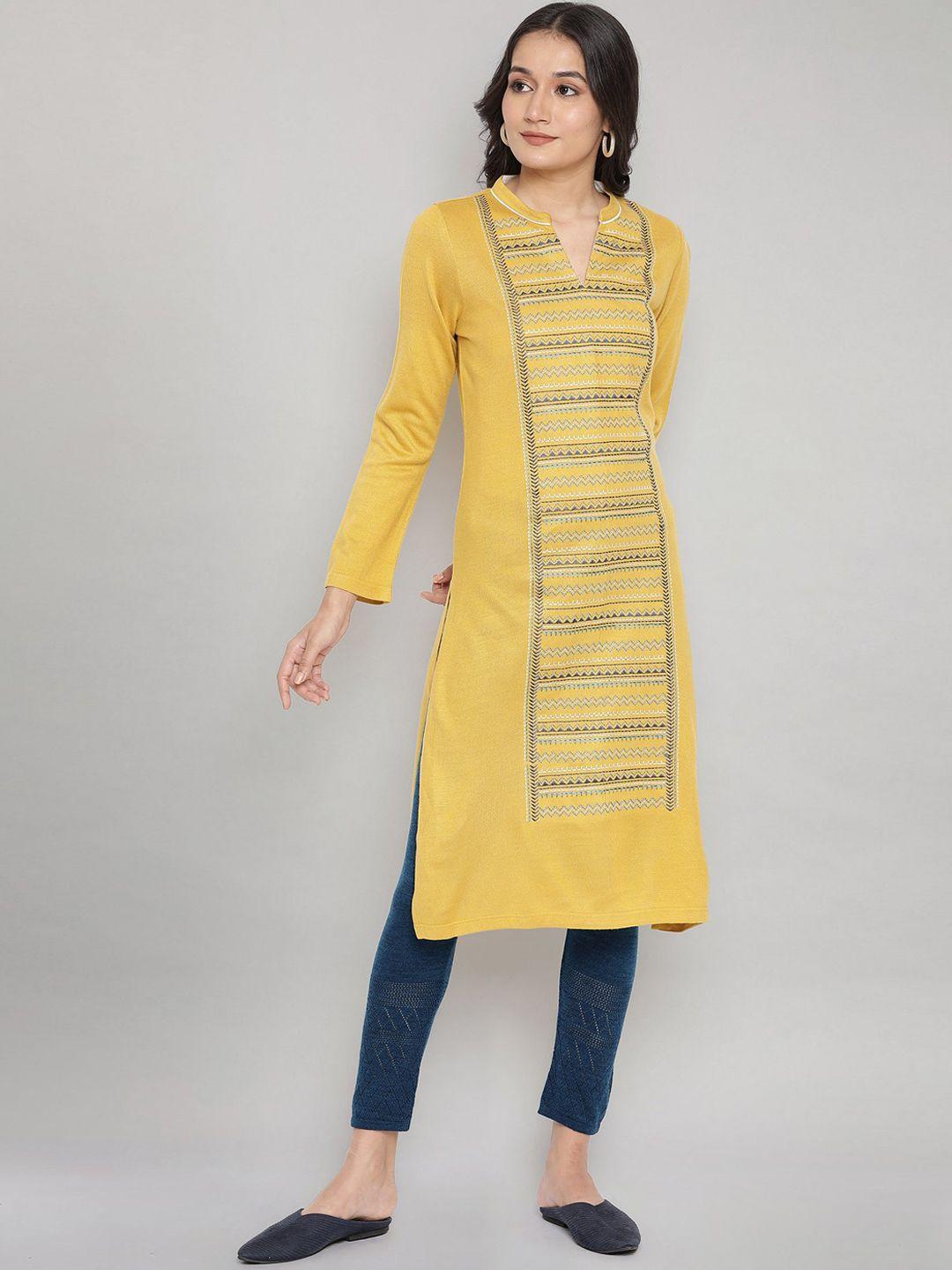 aurelia women yellow printed acrylic straight kurta