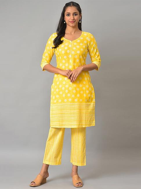 aurelia women yellow printed cotton kurta set with palazzos