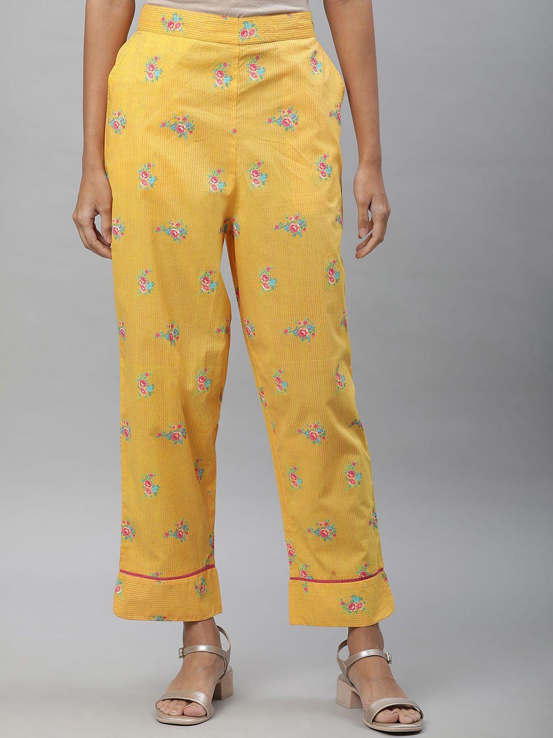aurelia women yellow printed slim fit trousers