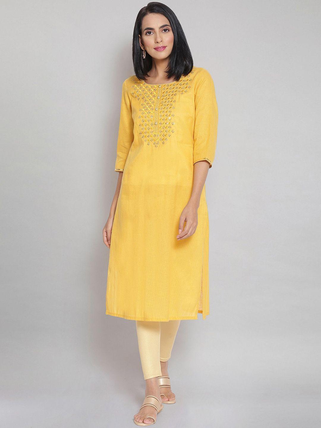 aurelia women yellow yoke design thread work kurta