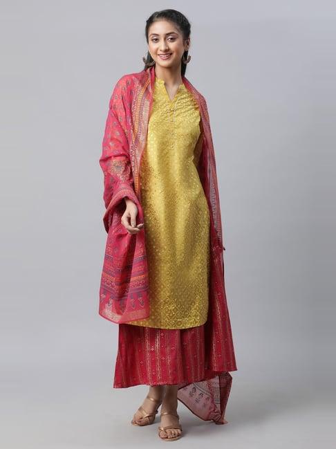 aurelia yellow & pink printed kurta palazzo set with dupatta