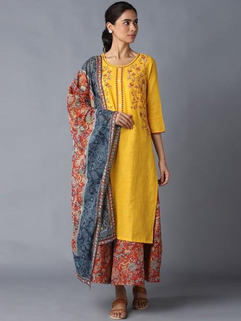 aurelia yellow & red embroidered kurta culottes set with dupatta