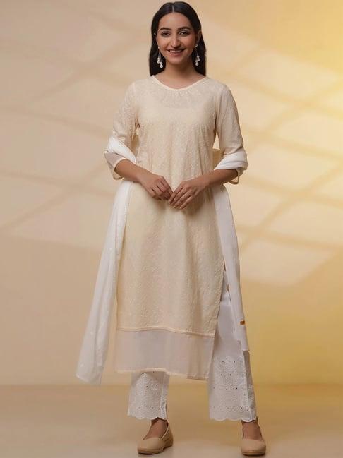 aurelia yellow & white cotton embroidered kurta palazzo set with dupatta