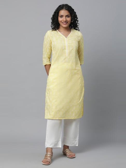 aurelia yellow & white cotton printed kurta palazzo set