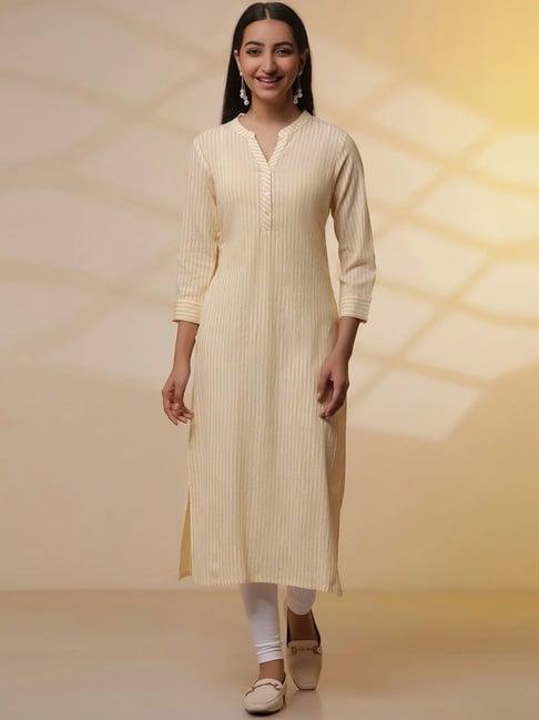 aurelia yellow & white cotton striped kurta leggings set