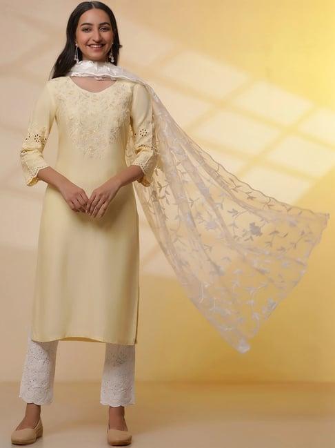 aurelia yellow & white embroidered kurta pant set with dupatta