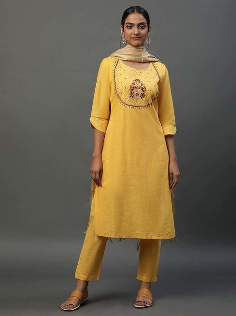 aurelia yellow cotton embroidered kurta pant set with dupatta