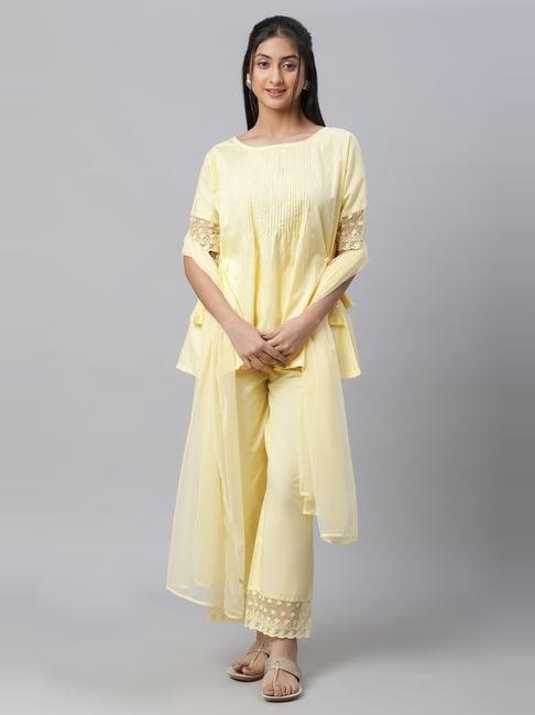 aurelia yellow cotton embroidered short kurti palazzo set with dupatta