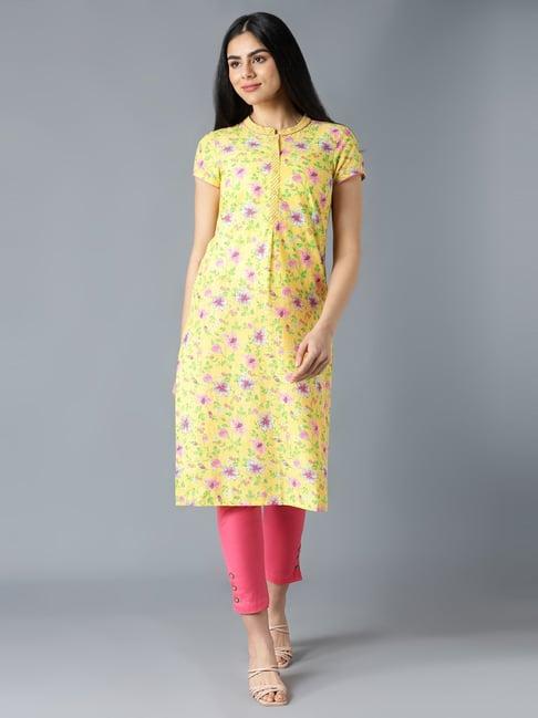 aurelia yellow cotton floral print straight kurta