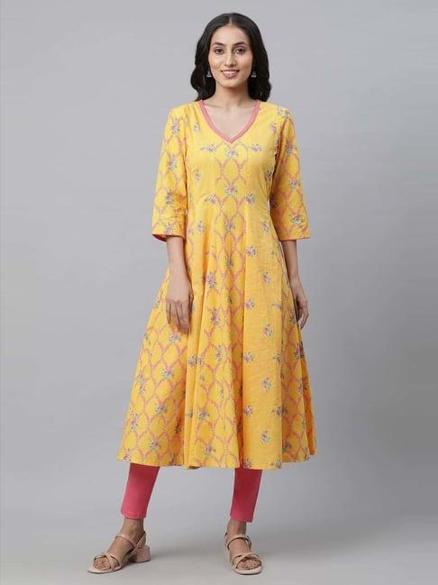 aurelia yellow cotton printed fit and flare kurta