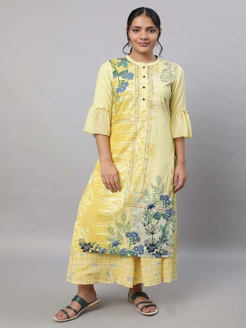 aurelia yellow cotton printed kurta palazzo set