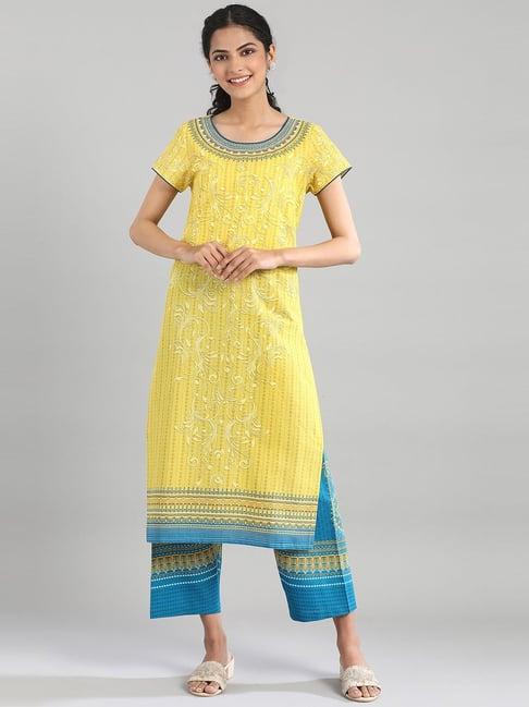 aurelia yellow cotton printed straight kurta