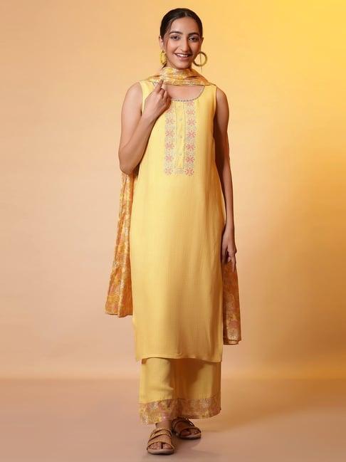 aurelia yellow embroidered kurta palazzo set with dupatta