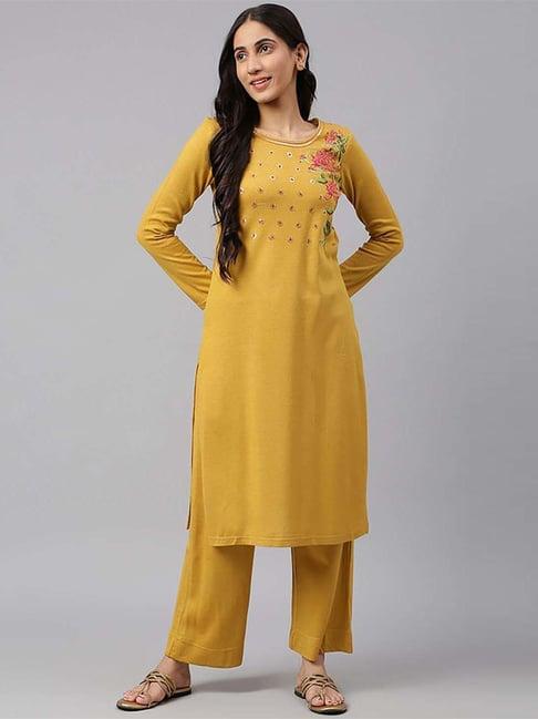 aurelia yellow embroidered kurta palazzo set