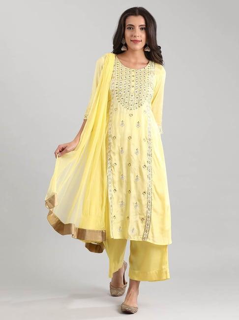 aurelia yellow embroidered kurta with palazzo & dupatta