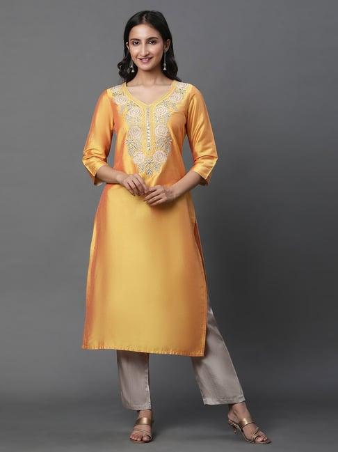 aurelia yellow embroidered straight kurta