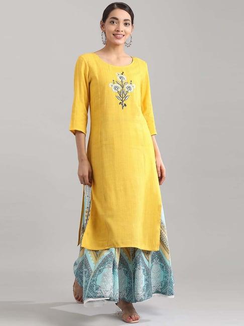 aurelia yellow embroidered straight kurta