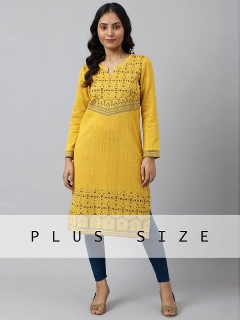 aurelia yellow floral print straight kurta