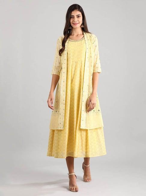 aurelia yellow printed kurta with jacket