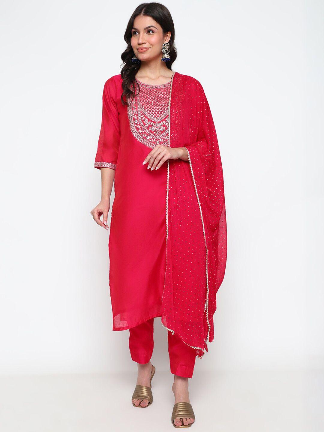 auriella ethnic motifs embroidered regular chanderi cotton kurta with trousers & dupatta