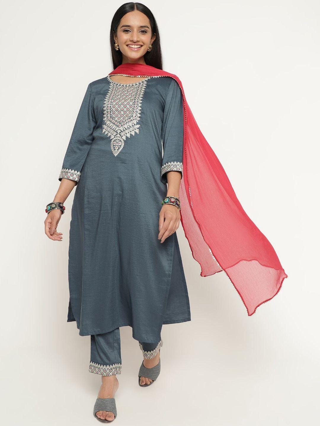 auriella ethnic motifs embroidered regular kurta with trousers & dupatta