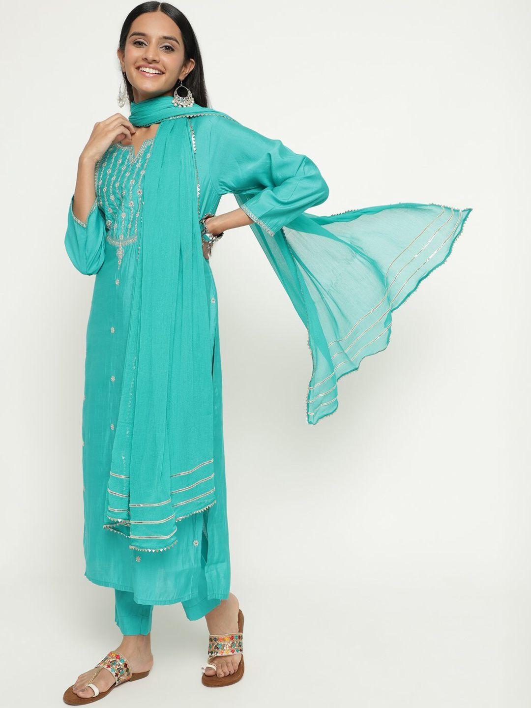 auriella floral embroidered sequinned kurta & trousers with dupatta