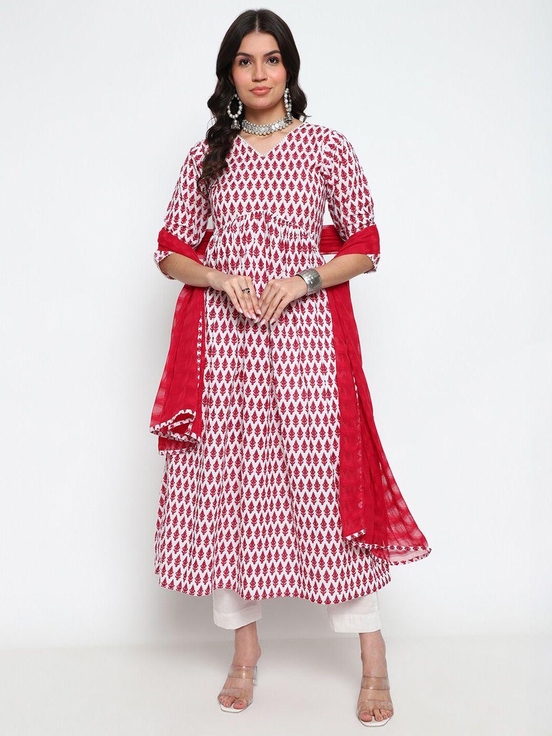 auriella floral printed pleated pure cotton kurta with trousers & dupatta